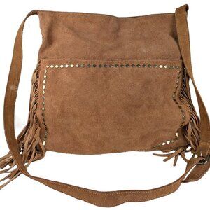 Steve Madden Tan Suede Studded Boho Western Cowgirl Fringed Shoulder Bag